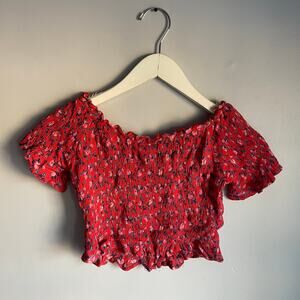 Devi Red Crop top Off Shoulder Shirred Floral Romantic Cottagecore Cottage s/m